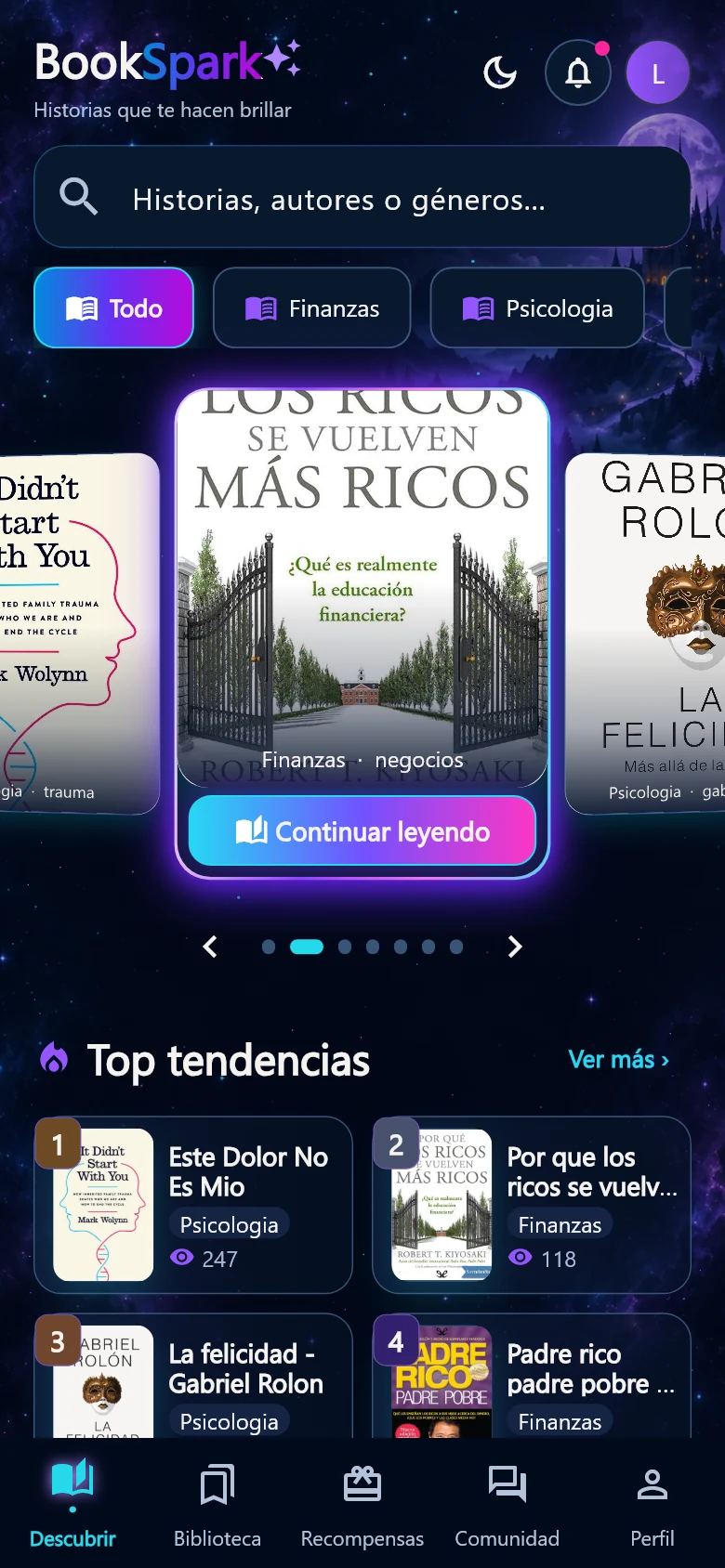 BookSpark — Descubrí tu próxima historia; Renderizado desde la aplicación Flutter de BookSpark con actividad de lectura de muestra.