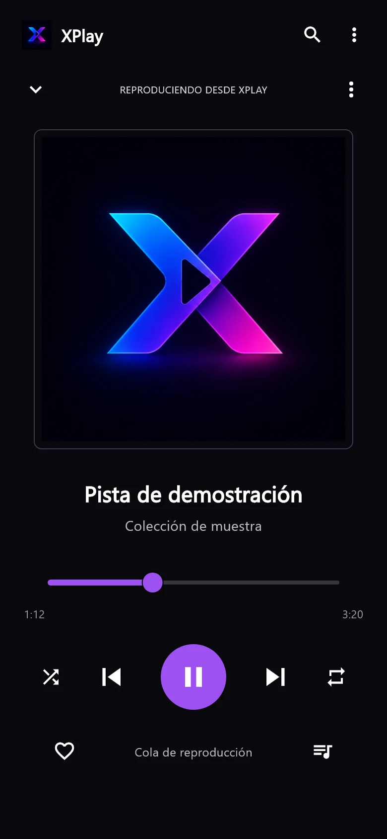 XPlay — Tu música, protagonista; Renders de presentación en Flutter que recrean la interfaz Android. Contenido de muestra; no son capturas nativas.